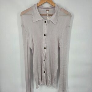NWT Free People‎ Grey Ribbed Sheer Knit Button Front Cardigan Womens L